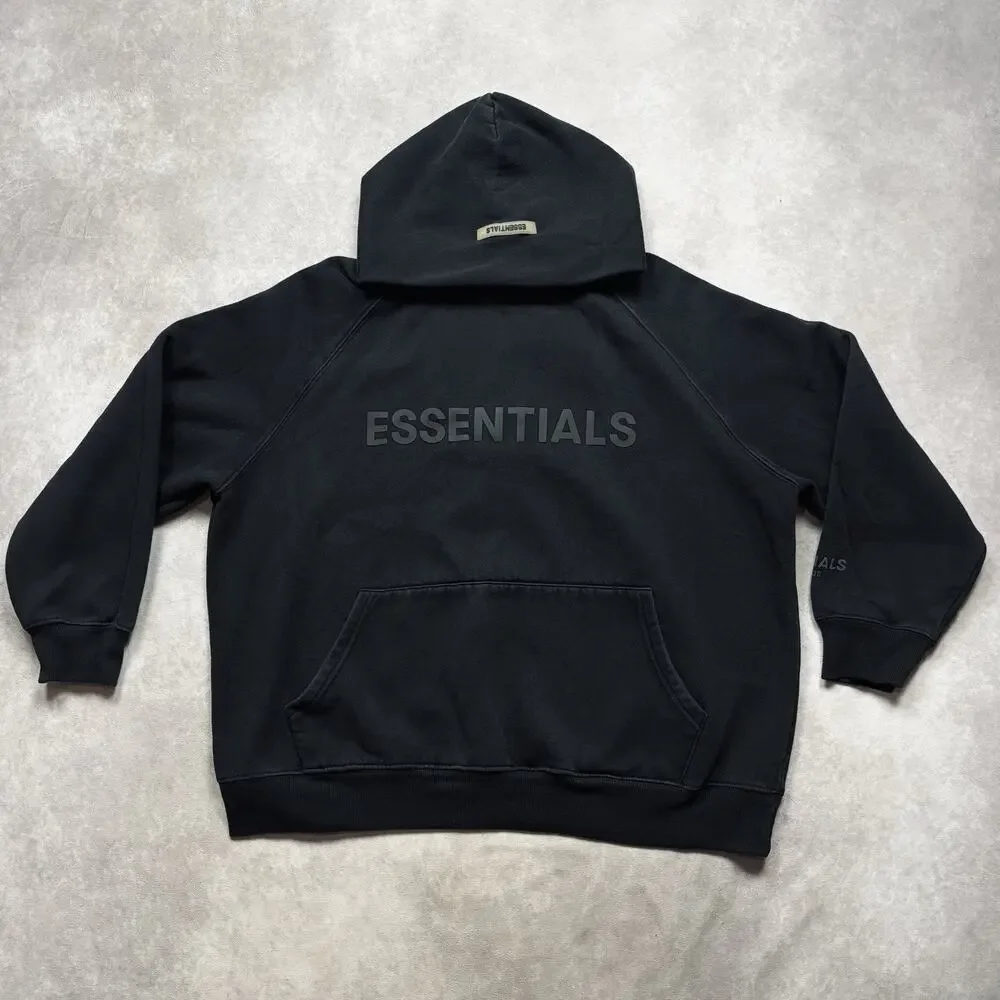 Fear of God Essentials Black Pullover Hoodie Cotton Size Medium Oversized Logo - Picture 1 of 15